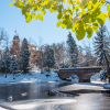 A scenic shot of the CU Boulder campus, featuring Varsity Lake