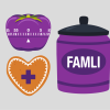 A graphic with a purple tomato-shaped kitchen timer in the top left corner, an orange heart with a plus sign in the lower left corner, and a purple jar with a lid and the word "famli" on the right side.