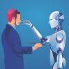 Illustration of a human painting a robot, while the robot draws the human with pencil