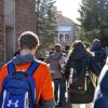 Students walking across campus