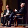 Former Secretary of Defense and CIA Director Robert Gates, right, has a discussion with Chancellor Philip DiStefano at Macky Auditorium.