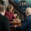 President Joe Biden greets Vice President Kamala Harris as he arrives to deliver his State of the Union address, Tuesday, February 7, 2023, on the House floor of the U.S. Capitol in Washington, D.C.