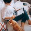 person working on couch with cat nearby
