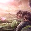 Illustration of a furred animal sitting on a tree root with a swamp in the background