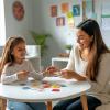 Therapist and child look at cards