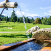 A water spout in nature, with mountains in the background