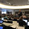 CU President Mark Kennedy, right, speaks to Boulder Faculty Assembly