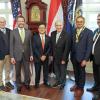 Provost Russ Moore, President Todd Saliman, Tandean Rustandy, Chancellor Phil DiStefano, Dean Vijay Khatri and Jason Thatcher