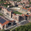 an aerial view of CU Boulder's Folsom Stadium, the Champions Center and Indoor Practice Facilities