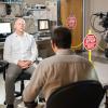 McKell Carter, assistant professor of psychology and neuroscience is interviewed and filmed by  Quentin Domart, a French journalist directing the documentary.
