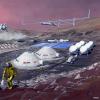 an illustration of possible future transit vehicles, habitats, and power systems on Mars