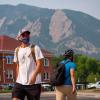 student wearing mask on campus outside 