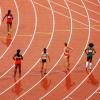 Female sprinters lined up for race