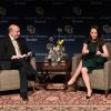 Molly Bloom interviews on stage with CU Boulder Chancellor Philip DiStefano at Macky Auditorium (Kira Vos)