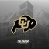 A Colorado Athletics logo against a black and white image of a building and the Flatirons.