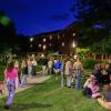 students on campus at night
