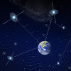 Graphic showing pulsar light traveling to Earth amid a sea of gravitational waves.