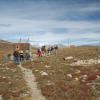 Journalists walk along dirt path in Niwot, Colorado