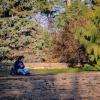 Student studying outside on campus during fall