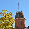 The tower of old main against a blue sky, framed by a branch of yellow leaves.