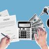In a digital image, two hands, one holding a pen, hover over papers, a calculator, cash, a mug and a set of keys, all with a light blue background. Photo courtesy of Pexels.