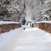 students walking on a snowy bridge on campus