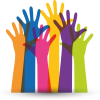 An illustration of colorful hands raised as if to speak