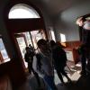 Students file through a doorway in the Hale Science building
