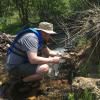 Researcher taking water sample in creek