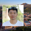 Shuo Sun's portrait over a scenic of the CU Boulder campus
