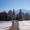 Student riding a bike on a snowy campus