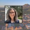 Sonia DeLuca Fernández's photo in front of an aerial photo of CU Boulder Campus