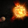 An artist's depiction of a superflare on an alien star.