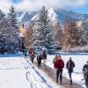 Students walking across a snowy campus