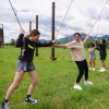 Mariajose Baca, Serene Ferjani and other Colorado high school students climbing on the CU Boulder challenge course. (Credit: Glenn Asakawa, CU Boulder)