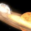 Illustration of a ring of material around an orange star with a white star moving through