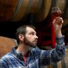 Travis Rupp holds a glass of beer up to the light