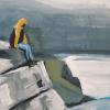 Illustration of person sitting on mountain side near water