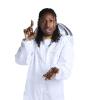Samuel Ramsey, in a white lab coat, is covered with bees.