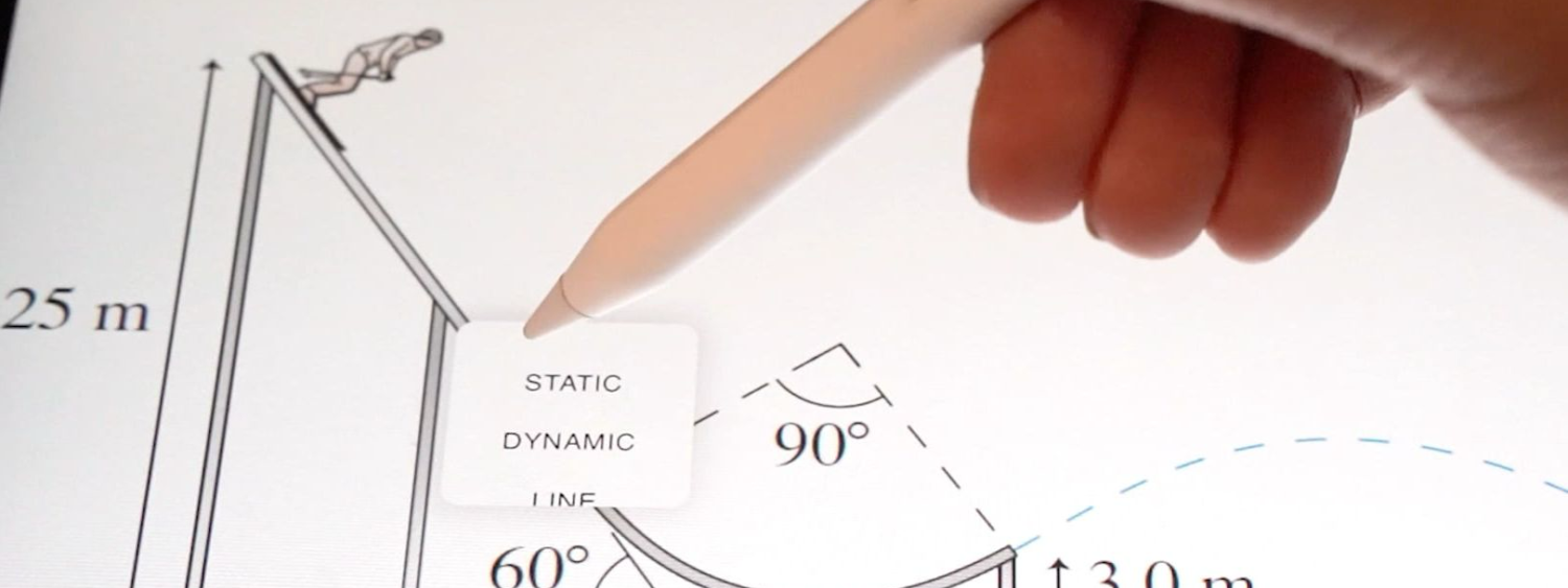 A hand holds a stylus above an iPad screen displaying a cartoon image of a skier on a hill. A dropdown window reads: "STATIC; DYNAMIC; LINE"