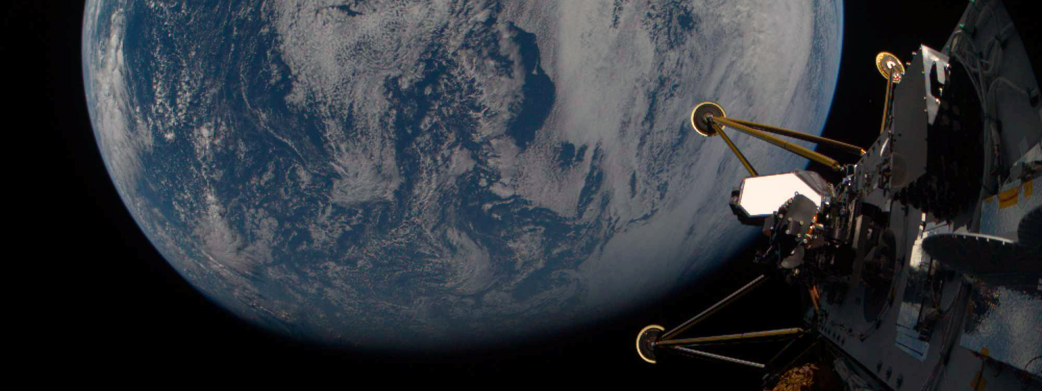 View of the Earth from space with the legs of a spacecraft in the foreground