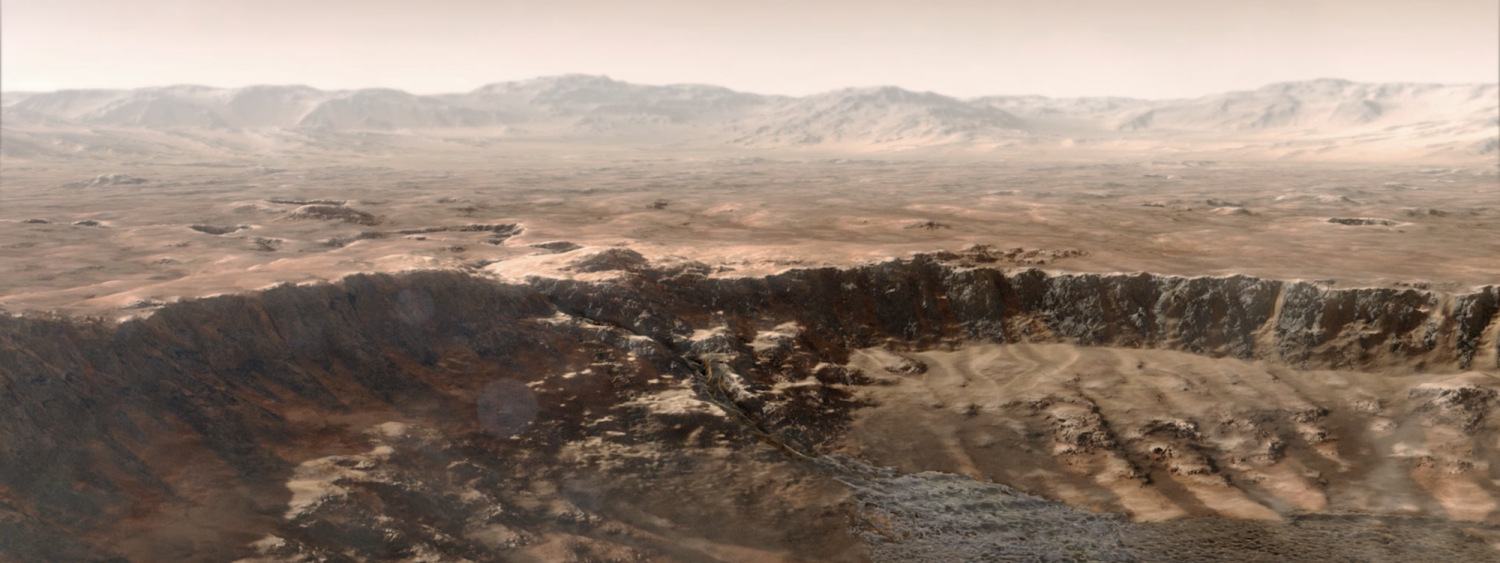 Computer illustration of a red and dusty planet with water flowing into a crater