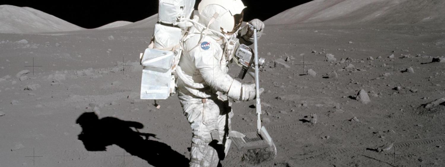 Dust sticks to the boots of Apollo 17 astronaut Harrison Schmitt in 1972.