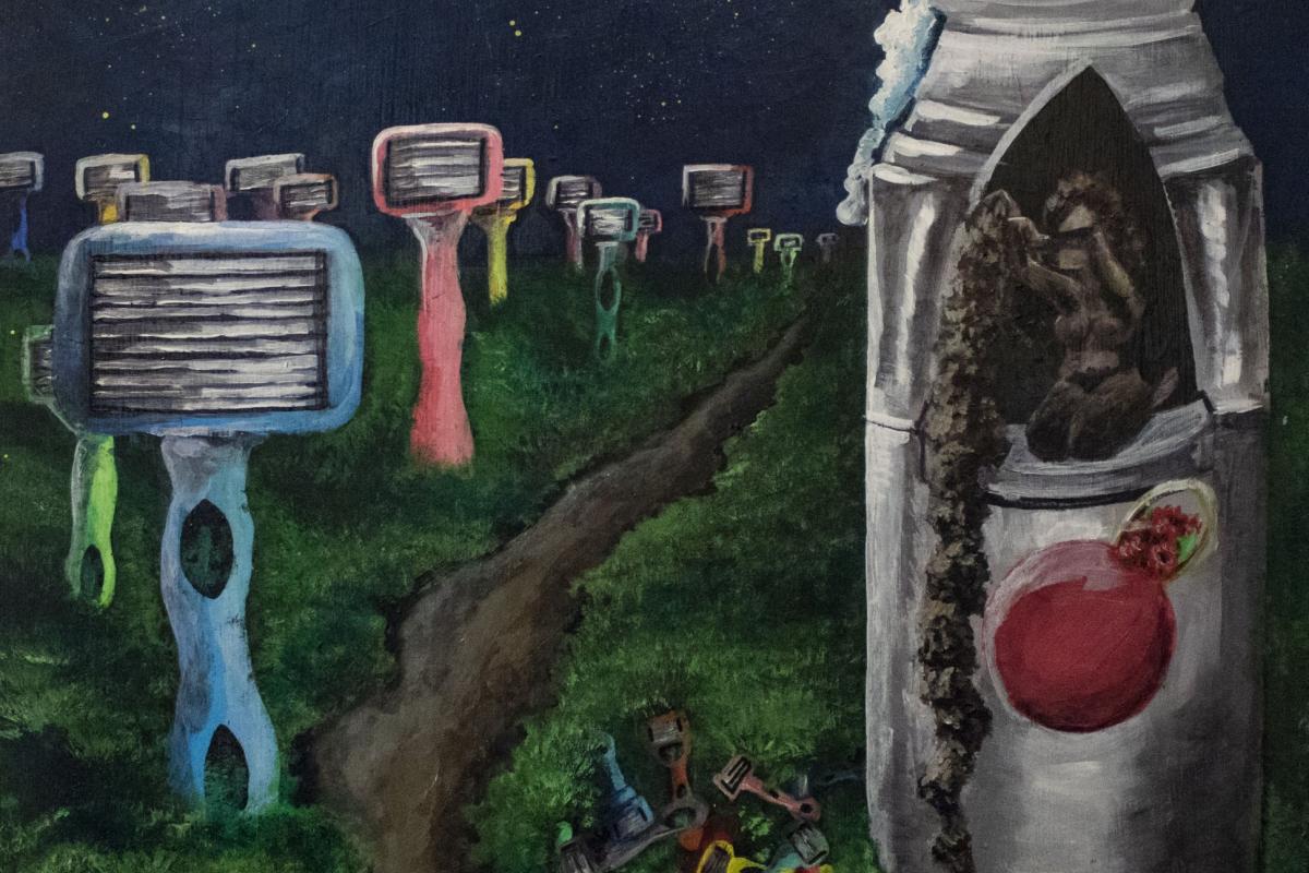 A painting of razors in a field