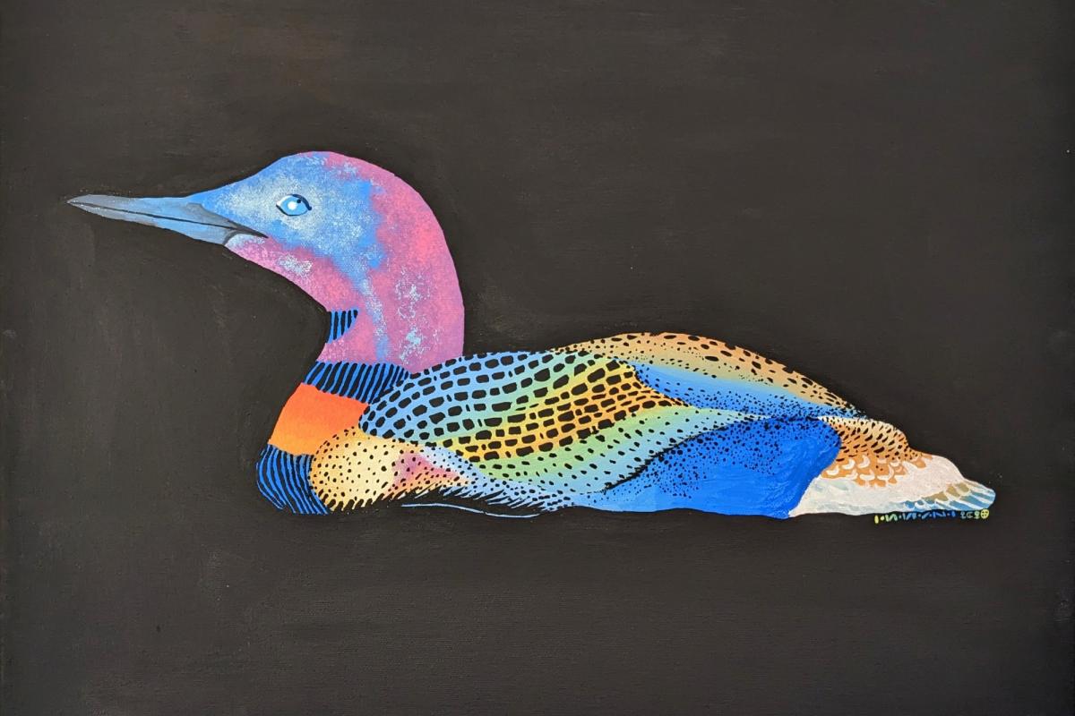a painting of a loon in neon colors against a black background