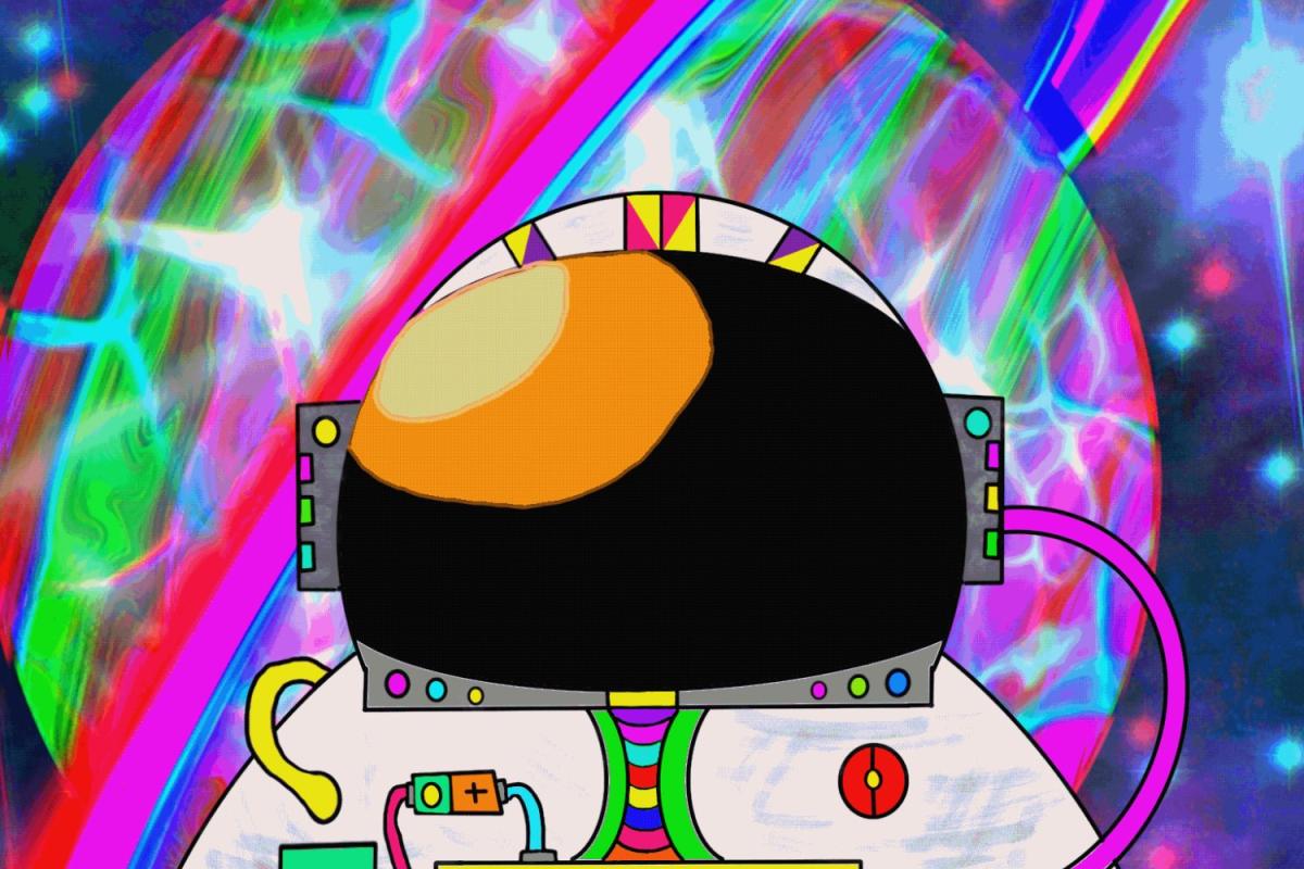 A colorful illustration of an astronaut and a ringed planet
