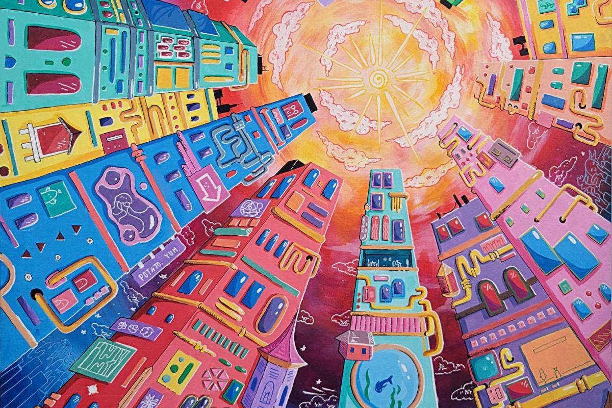 a painting of colorful buildings