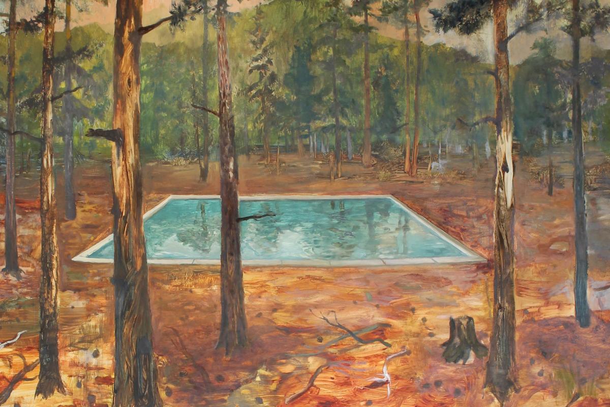 A painting of a swimming pool in the woods