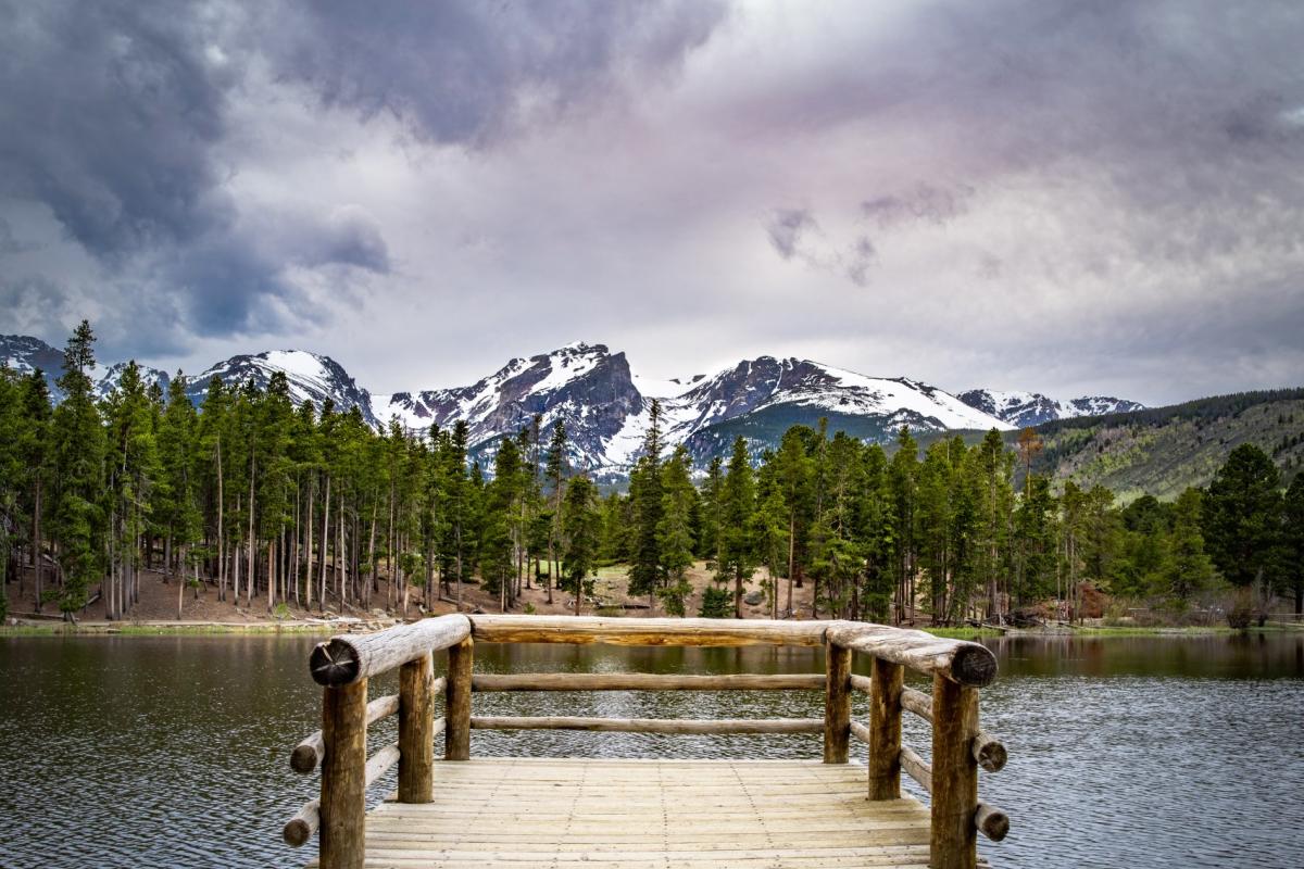 A photo of a wooden deck on Sprague Lake