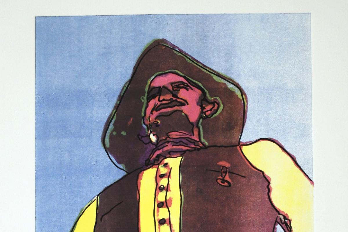 A drawing of a colorful cowboy statue